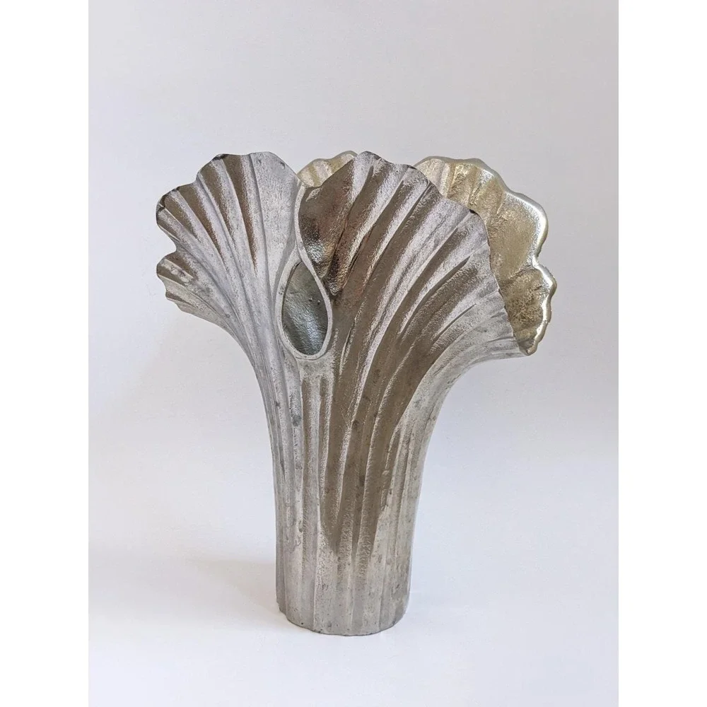 Postmodern Ginkgo Leaf Metal Vase Cast Aluminum? Sculptural Silver Decor 12.5